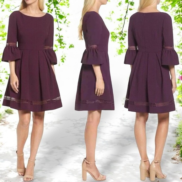 Eliza J ‘3/4 Length Bell Sleeve Fit & Flare Dress’ in “Plum Burgundy” Size 12 - Picture 1 of 15